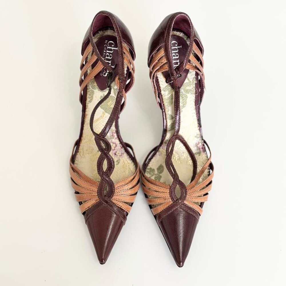 New Charles David Burgundy & Tan Strappy Closed Toe Heels Shoes, Size 6.5